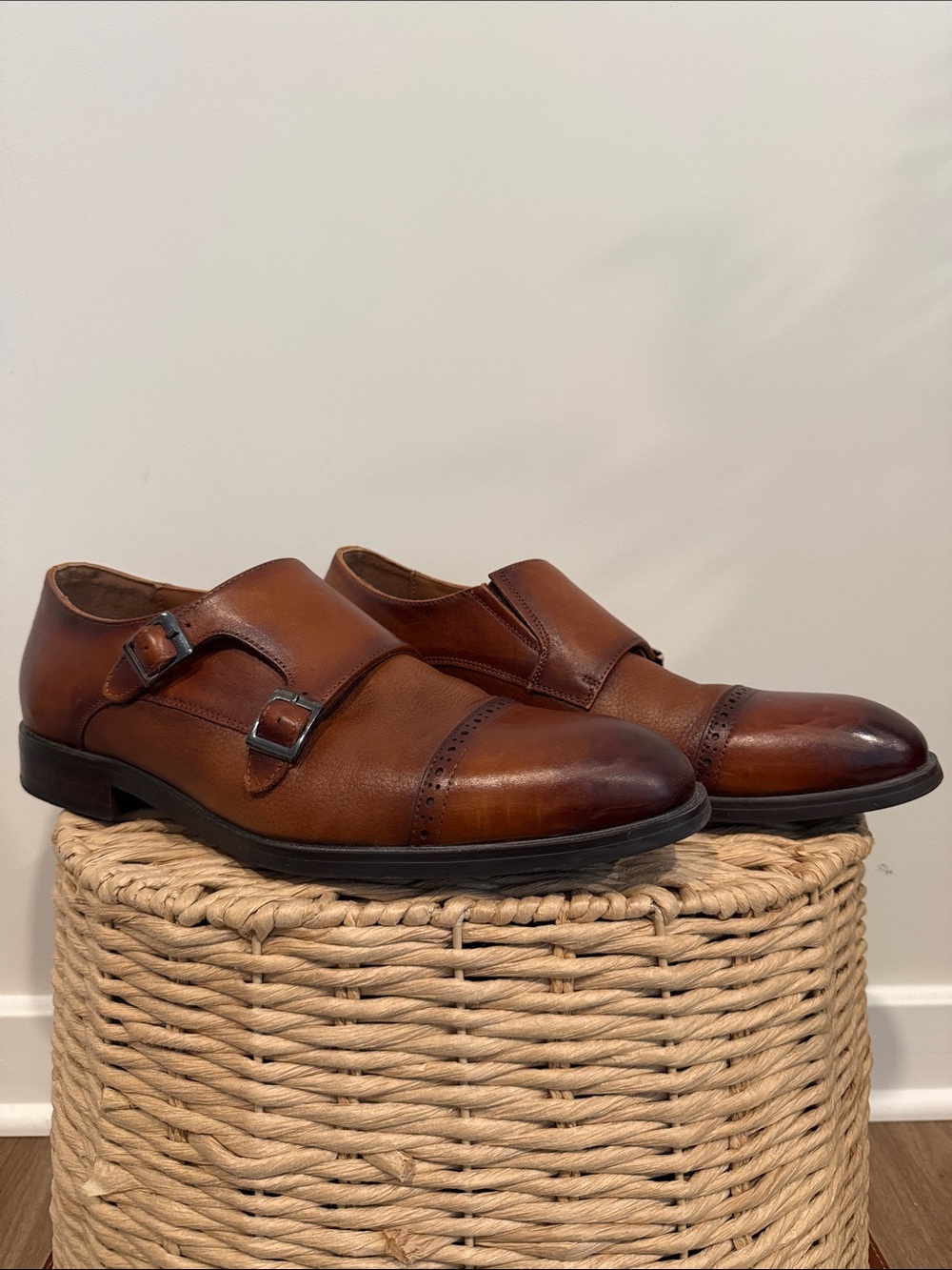 Men's Double Monk Strap Dress Shoes in Cognac Brown Leather